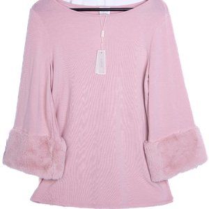 Cupio Pearl Pink 3/4 Sleeve Long Sleeve Faux Fur Cuff Blouse Top Women's M NWT